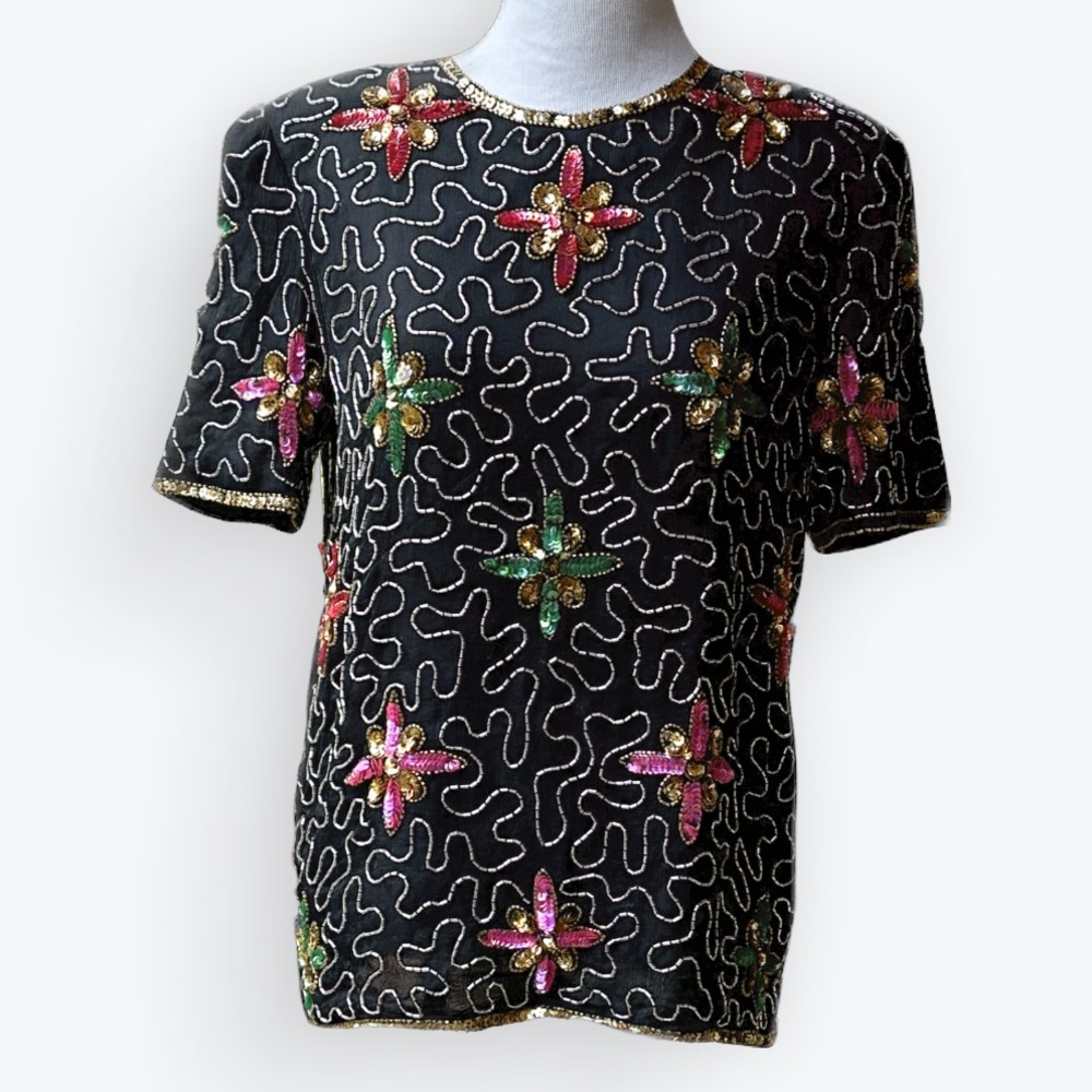 Elegant Festive Party Holiday Black Silk Beaded & Sequined Short Sleeve Top ~ S